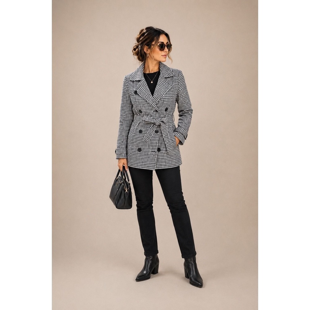 Forever 21 Small Gingham Trench Jacket Black White Belted